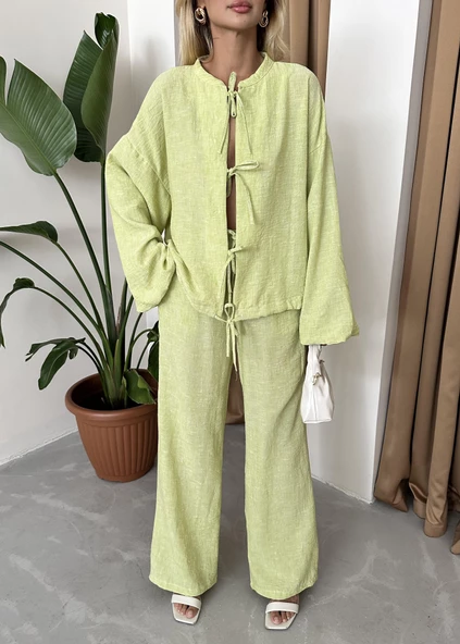 Fıstık Yeşili Önü Bağlamalı Balon Kol Gömlek Pantolon Takım - Resim 2