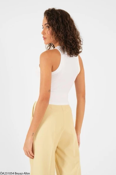 Beyaz-Gold Halter Yaka Wang Simli Nakışlı Nakış Atlet - 4