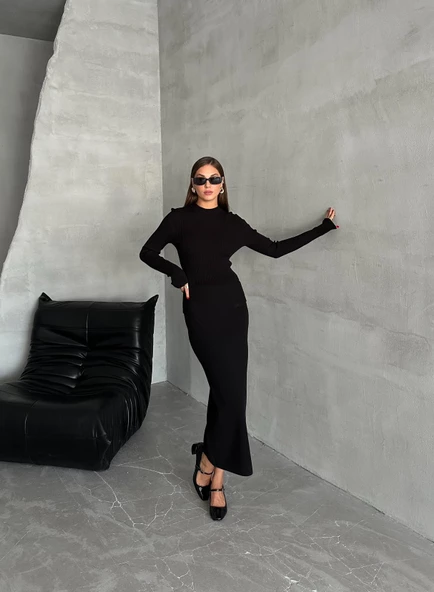 Siyah Slim Esnek Triko Eteklı Takım - Resim 7