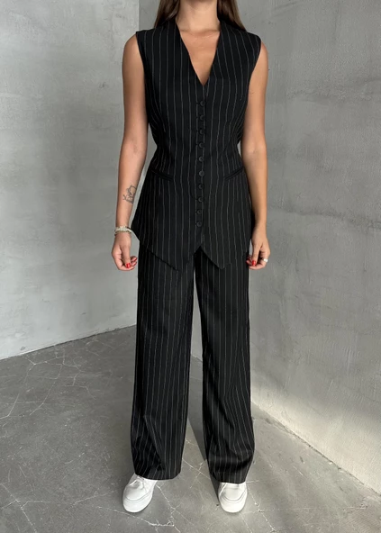 Siyah Çok Düğmeli Çizgili Premium Takım - Resim 3