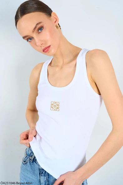 Beyaz-Gold Kare Nakış Atlet