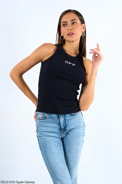 Siyah-Gümüş Halter Yaka Off Simli Nakışlı Atlet - 4