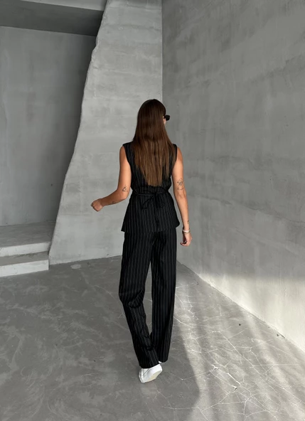 Siyah Çok Düğmeli Çizgili Premium Takım - Resim 10