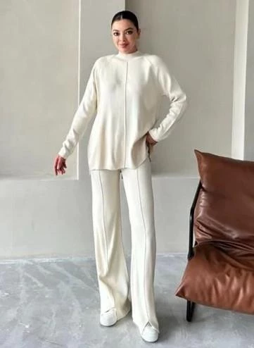 Krem Clara Çimalı Pantolon Triko Takım