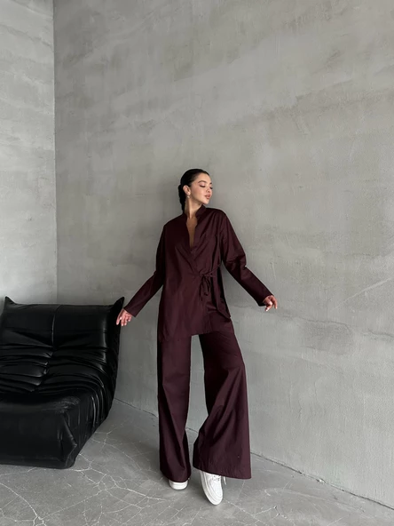 Mor Halley Yan Bağlamalı Gömlek Pantolon Takım - 5