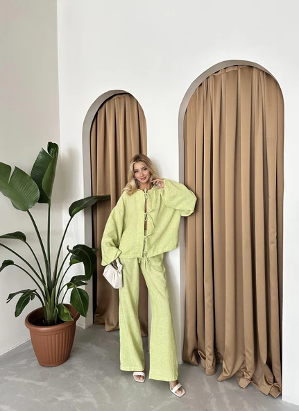 Fıstık Yeşili Önü Bağlamalı Balon Kol Gömlek Pantolon Takım - Resim 7