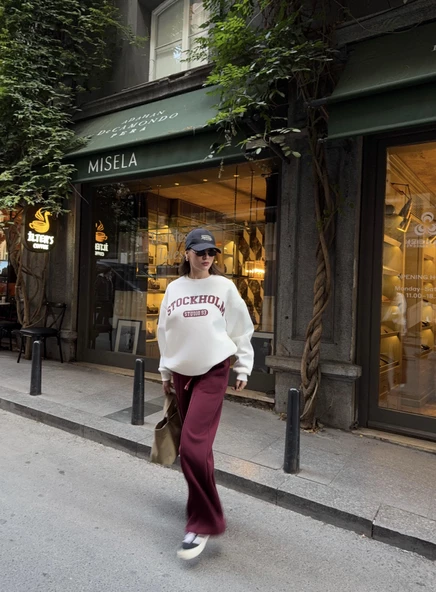Ekru-Bordo Stockholm Baskılı Şardonlu Eşofman Takımı - 6