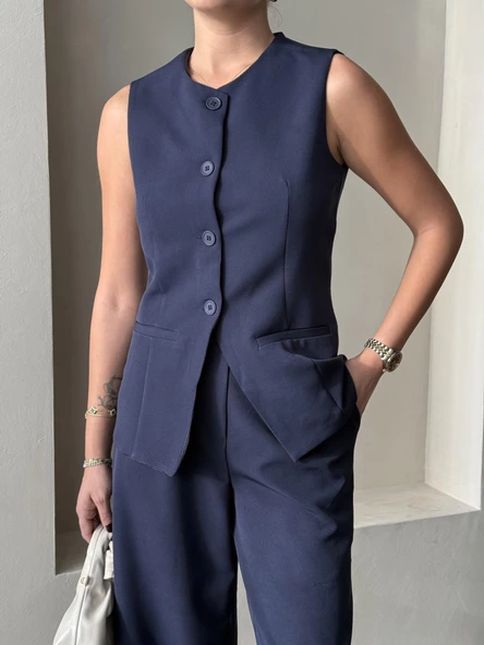 Lacivert Camille Klasik Düğmeli Yelek Pantolon Takım - 4