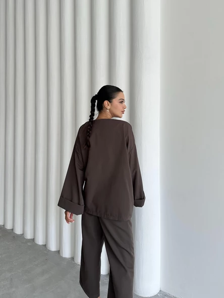 Kahve Lisa Yan Bağlamalı Pantolon Takım - 9