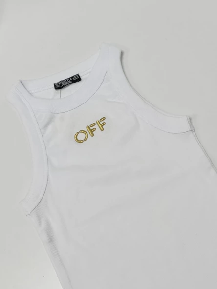 Beyaz-Gold Halter Yaka Off Simli Nakışlı Atlet - 2