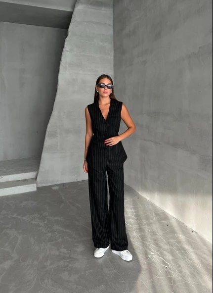 Siyah Çok Düğmeli Çizgili Premium Takım - Resim 5