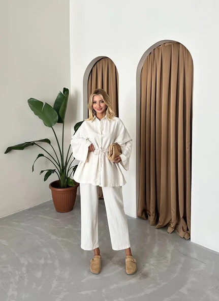 Natural Beli Bağlama İpi Detaylı Geniş Kol Gömlek Pantolon Takım - 5