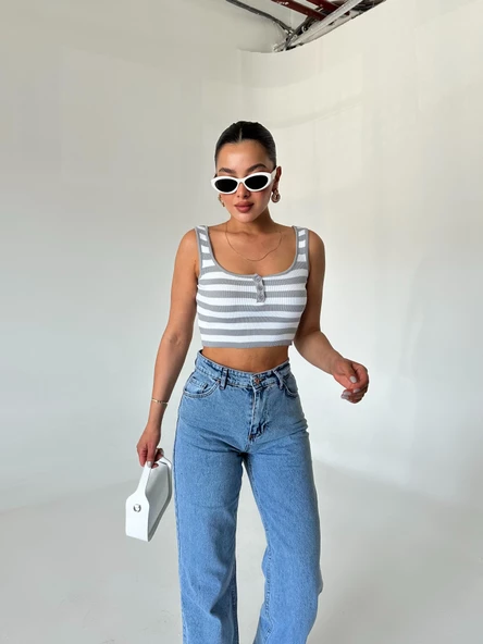 Gri-Ekru Düğmeli Çizgili Crop Atlet - 2