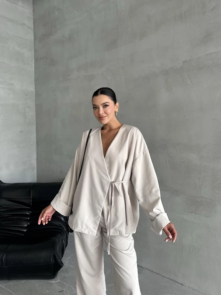 Taş Lisa Yan Bağlamalı Pantolon Takım - 6
