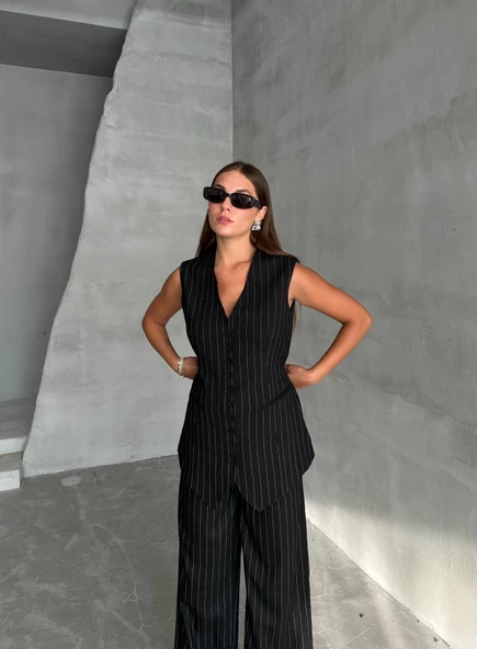 Siyah Çok Düğmeli Çizgili Premium Takım - Resim 8