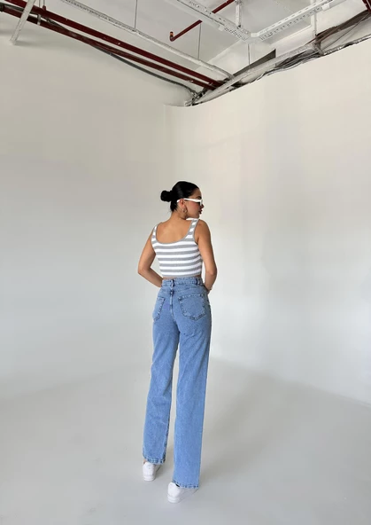 Gri-Ekru Düğmeli Çizgili Crop Atlet - 7