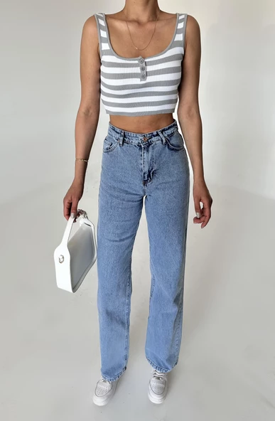 Gri-Ekru Düğmeli Çizgili Crop Atlet - 4