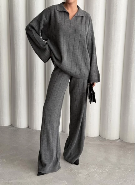 Antrasit Freya Polo Yaka Fitilli Triko Takım - Resim 3