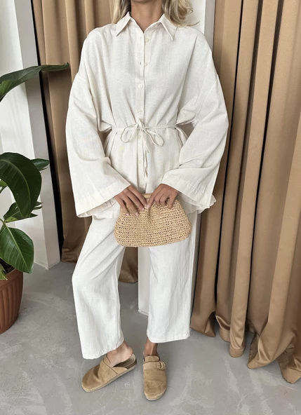 Natural Beli Bağlama İpi Detaylı Geniş Kol Gömlek Pantolon Takım - 2