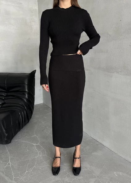 Siyah Slim Esnek Triko Eteklı Takım - Resim 3