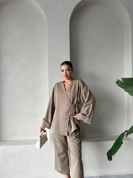 Haki Lisa Yan Bağlamalı Pantolon Takım - 10