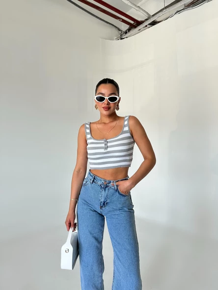 Gri-Ekru Düğmeli Çizgili Crop Atlet - 3