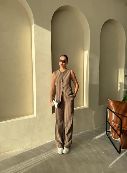 Koyu Kahve Camille Klasik Düğmeli Yelek Pantolon Takım - 6