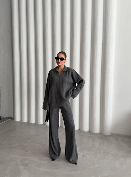 Antrasit Freya Polo Yaka Fitilli Triko Takım - Resim 5