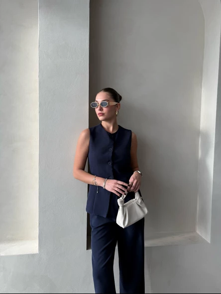 Lacivert Camille Klasik Düğmeli Yelek Pantolon Takım - 10