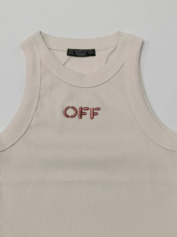 Ekru-Somon Halter Yaka Off Simli Nakışlı Atlet