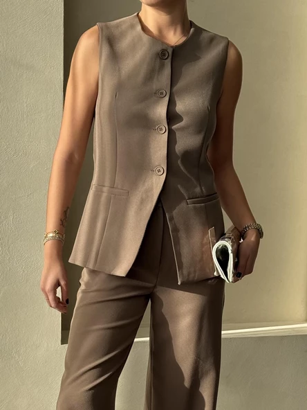 Koyu Kahve Camille Klasik Düğmeli Yelek Pantolon Takım - 3
