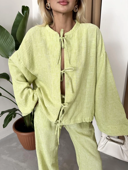Fıstık Yeşili Önü Bağlamalı Balon Kol Gömlek Pantolon Takım - Resim 3