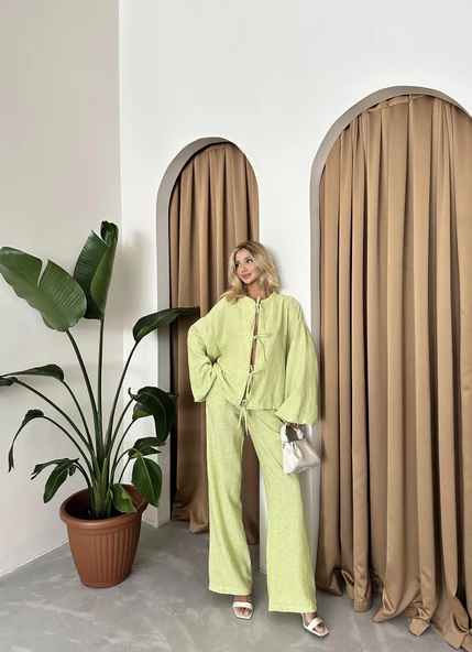 Fıstık Yeşili Önü Bağlamalı Balon Kol Gömlek Pantolon Takım - Resim 5