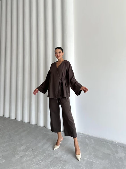 Kahve Lisa Yan Bağlamalı Pantolon Takım - 6