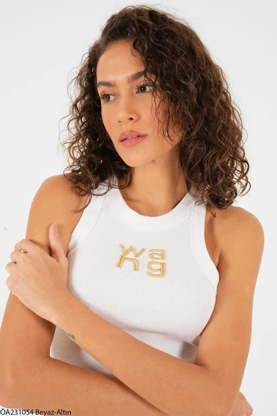 Beyaz-Gold Halter Yaka Wang Simli Nakışlı Nakış Atlet