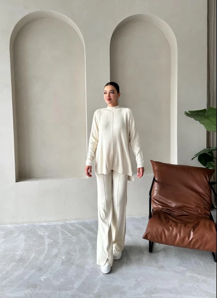 Krem Clara Çimalı Pantolon Triko Takım - 3