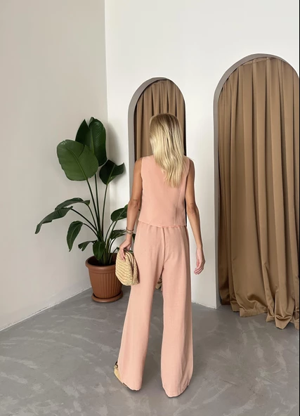 Somon %100 Pamuk Lavin Keten Yelek Pantolon Takım - Resim 7