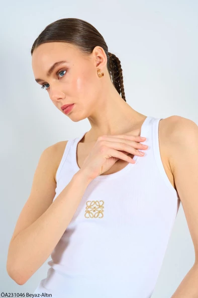 Beyaz-Gold Kare Nakış Atlet - 2