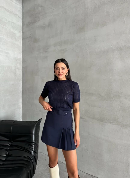 Lacivert Stella Kısa Kol Triko Bluz - 5