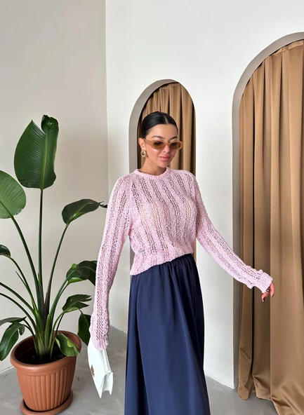 Pembe Örümcek Ağı Triko Bluz - 3