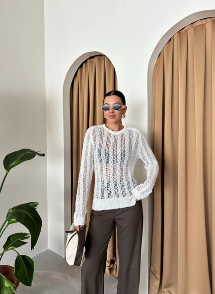 Ekru Örümcek Ağı Triko Bluz - 3