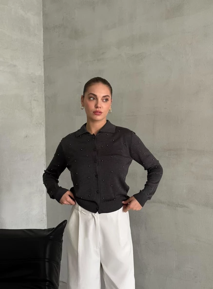 Antrasit Polo Yaka Mini Topçuklu Bluz - 5