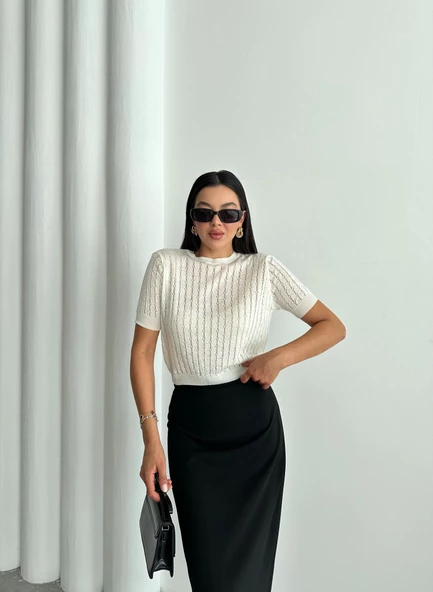 Ekru Stella Kısa Kol Triko Bluz - 4