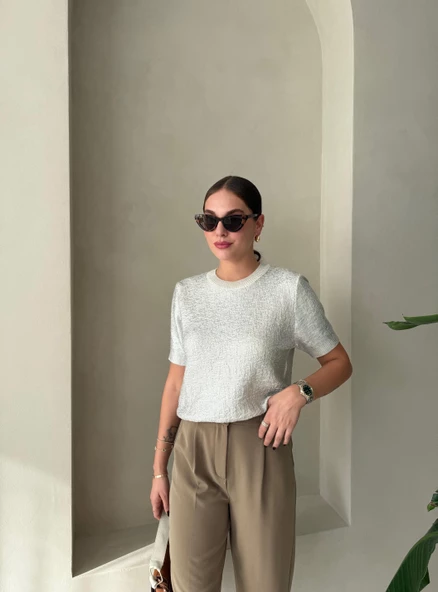 Krem  Aurora Gümüş Varaklı Kısa Kol Triko Bluz - 5