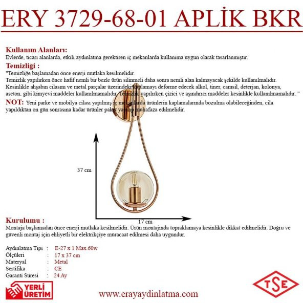 Eray Aydınlatma ERY 3729-68-01 Bakır Renk Modern Aplik - 4