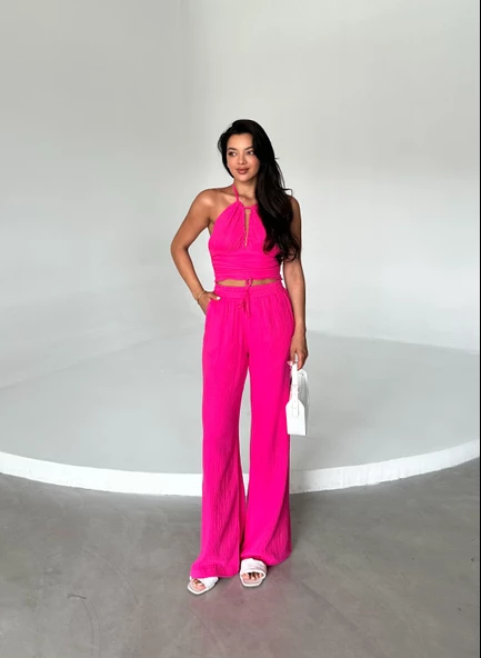Fuşya Crop Pantolon Müslin Takım - 4