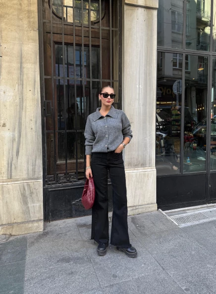 Antrasit Taşlı Fiyonk Düğmeli Hırka - Resim 6