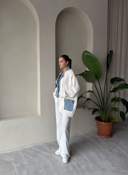Krem Denim Detaylı Cepli Triko Hırka - 8