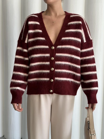 Bordo-Ekru Yumoş Enine Çizgili Hırka - 3
