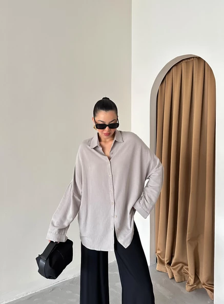 Gri Oversize Düşük Omuz Keten Gömlek - 5